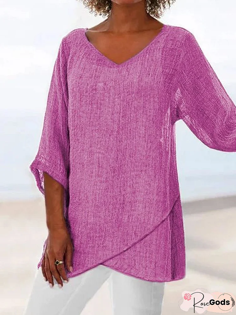 V Neck Linen Plain Casual Asymmetric 3/4 Sleeve Plain Top