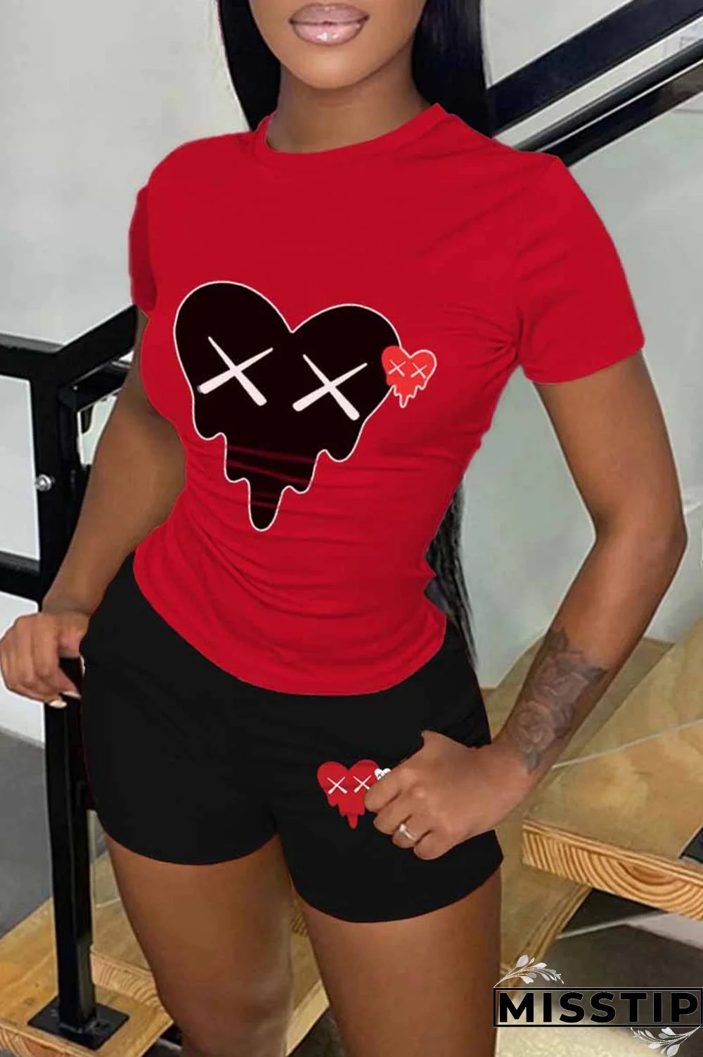 Black Red Casual Print Patchwork O Neck Short Sleeve Two Pieces