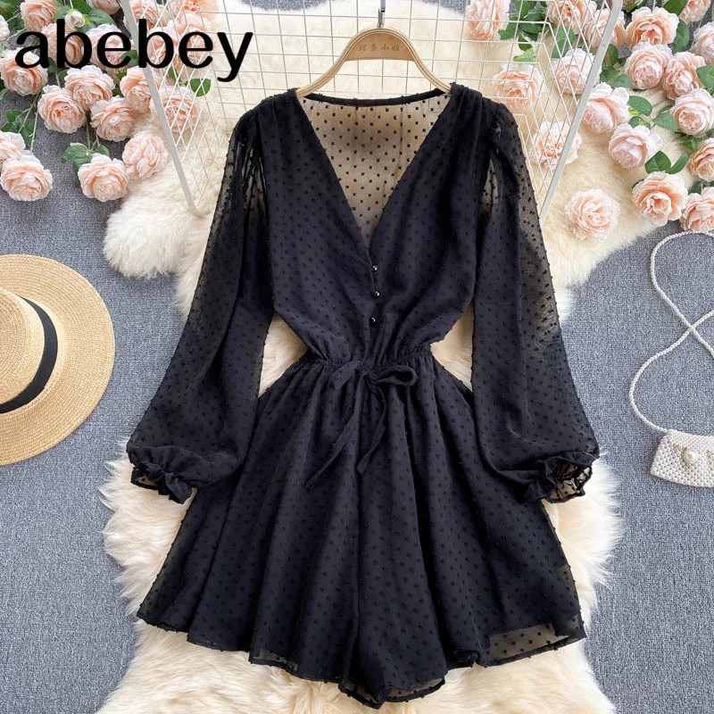 Brownm Women Dot Chiffon Rompers Long Sleeve V Neck Casual Loose Overalls Jumpsuits Summer Korean Wide Leg Beach Playsuits