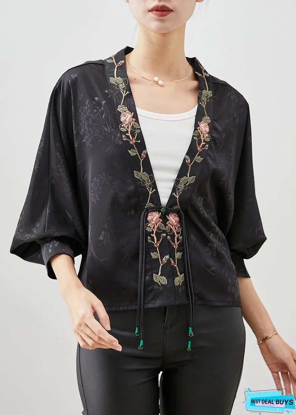 Vintage Black Embroideried Tasseled Silk Cardigan Spring