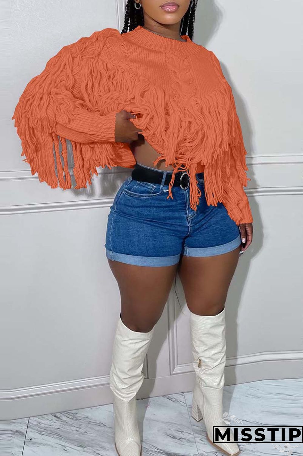 Black Casual Solid Tassel O Neck Tops