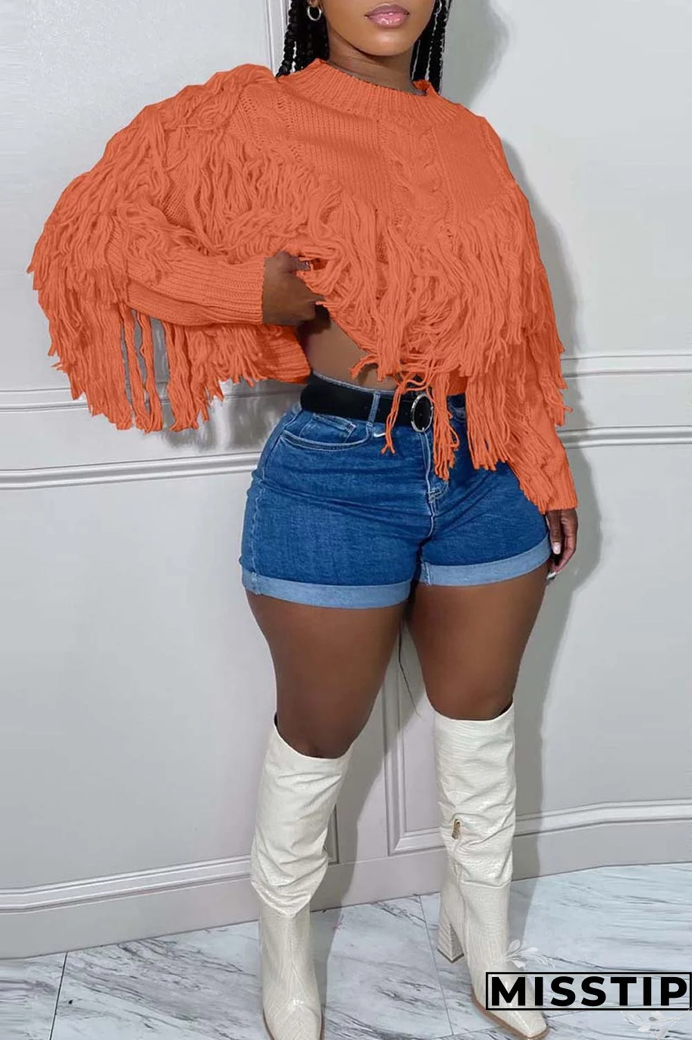 Black Casual Solid Tassel O Neck Tops