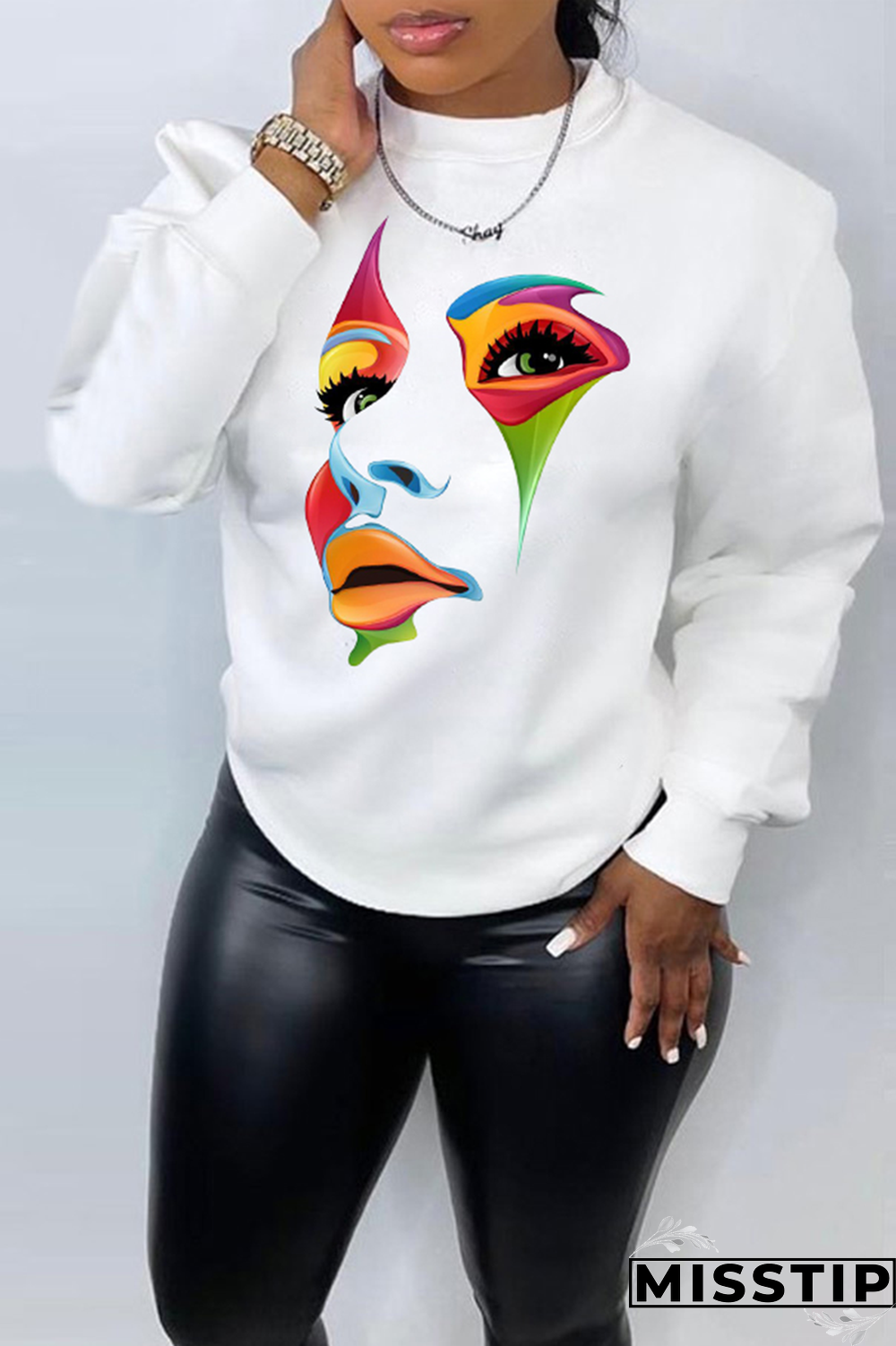 White Casual Street Print Patchwork O Neck Tops