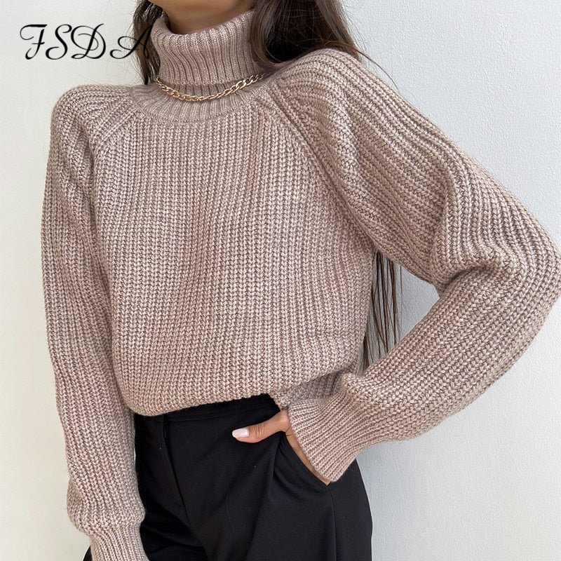 FSDA Turtleneck Women Sweater Women Khaki Long Sleeve Pullover 2020 Autumn Winter Casual Pink Jumper Top Loose Oversized