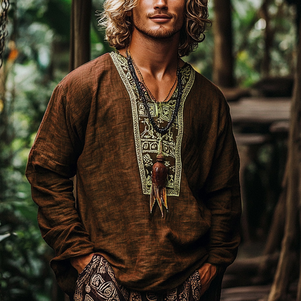 Men's Bohemian Holiday Style Vintage Linen Printed Casual Long Sleeve Top