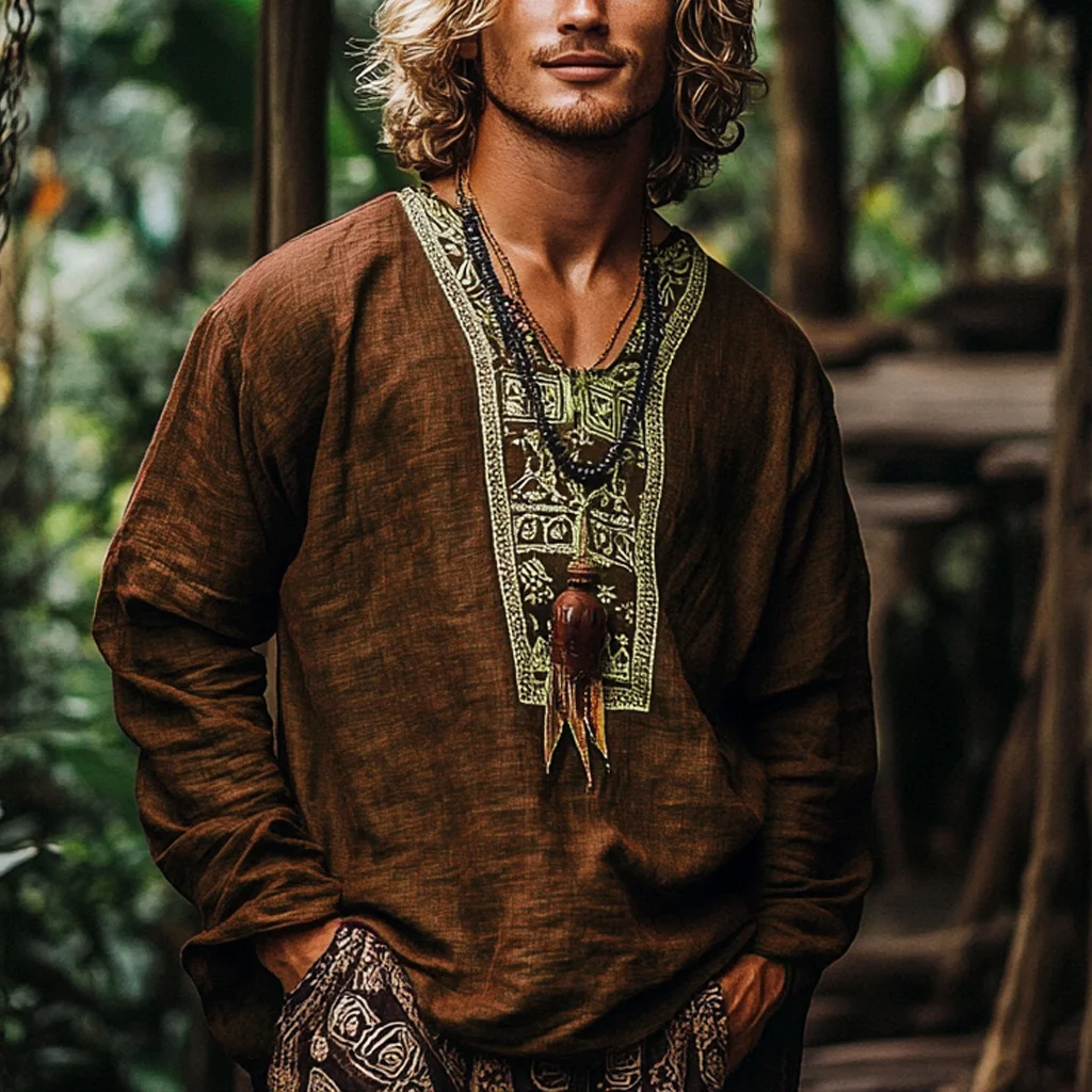 Men's Bohemian Holiday Style Vintage Linen Printed Casual Long Sleeve Top