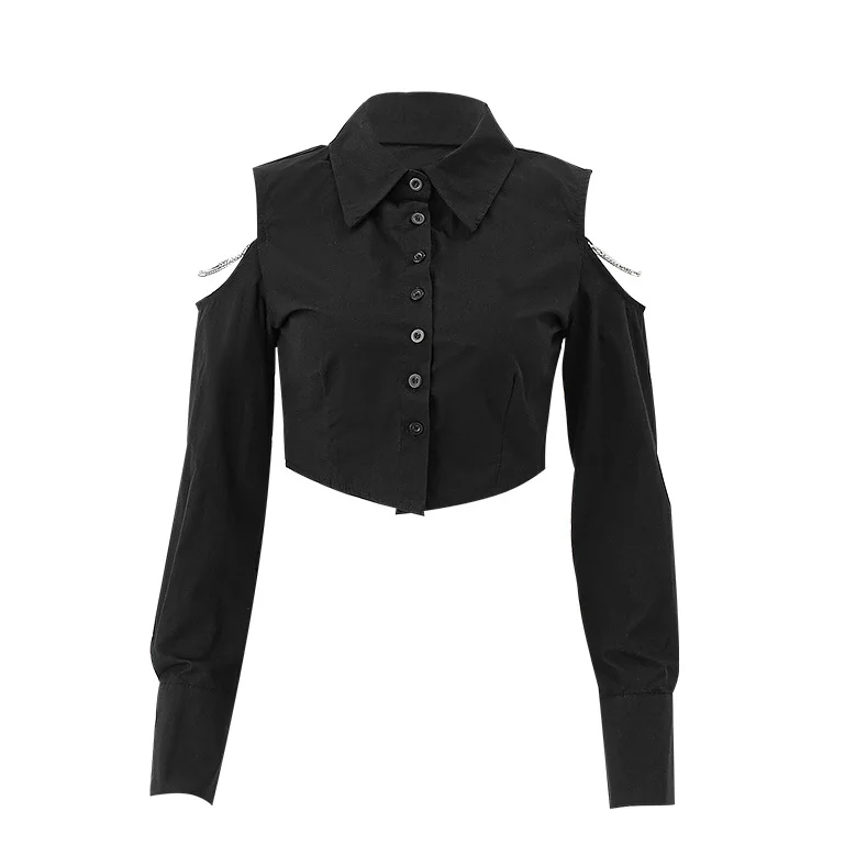 Brownm Brownm Pure Wind Women's Lapel Breasted Cardigan Open Shoulder Hollow Chain Temperament With Long Sleeve Shirt