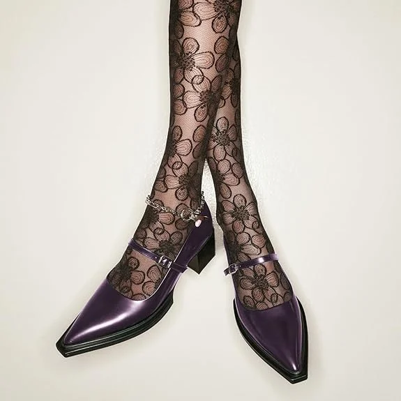 Dark Purple Vegan Leather Pointed Toe Buckle Strap Casual Mary Janes