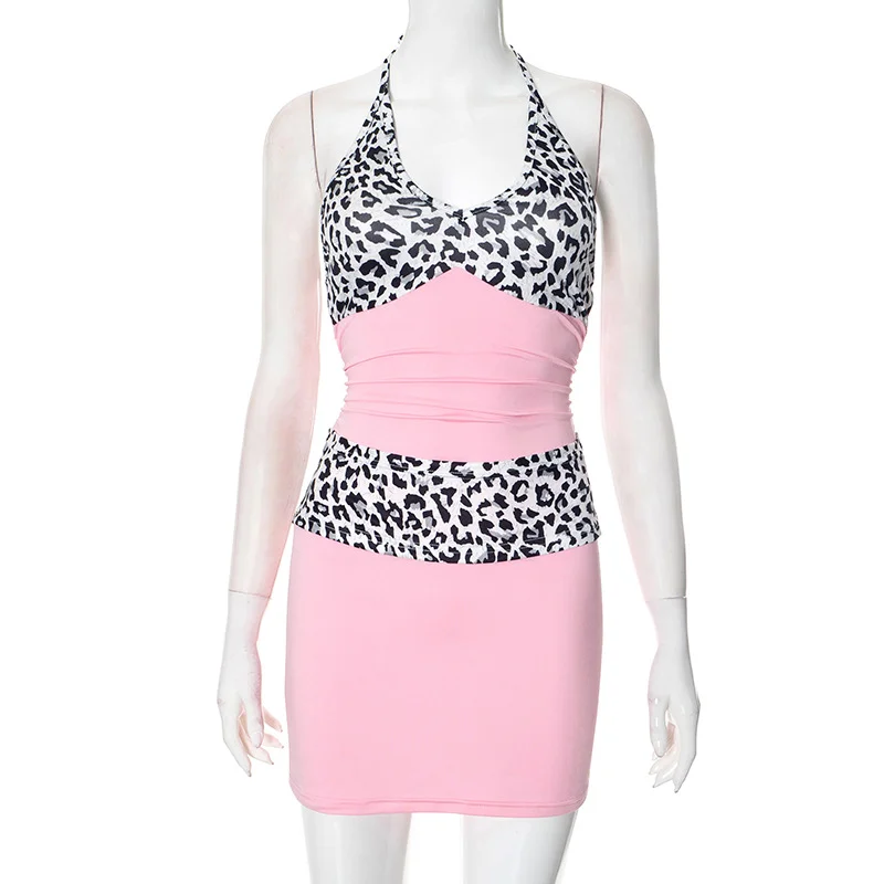 Uveng Uveng Women's Spring And Summer Tethering Neck Deep V-Neck Leopard Print Splicing Folded Bag Of Hips Dress