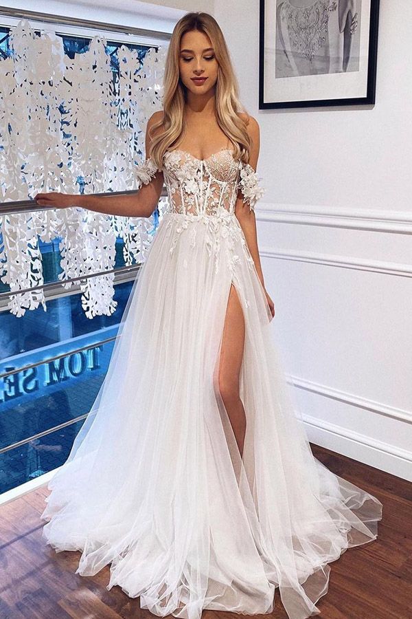 Pretty White Off The Shoulder A Line Boho Wedding Dress With Lace | Risias