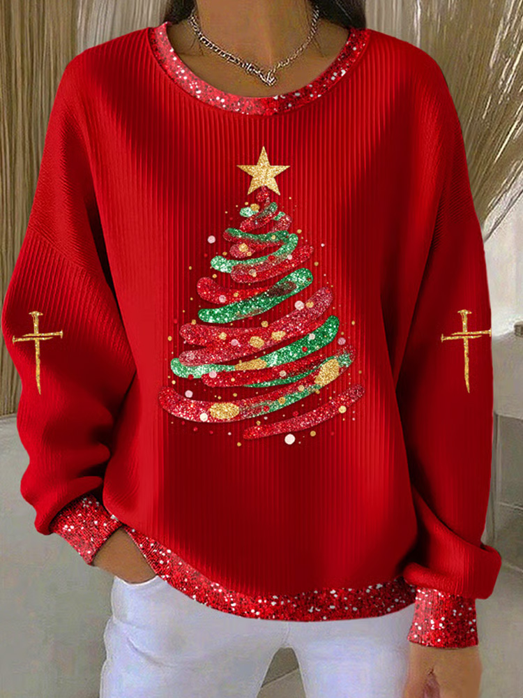 Women's Casual Pink Christmas Tree Textured Sweatshirt wearshes