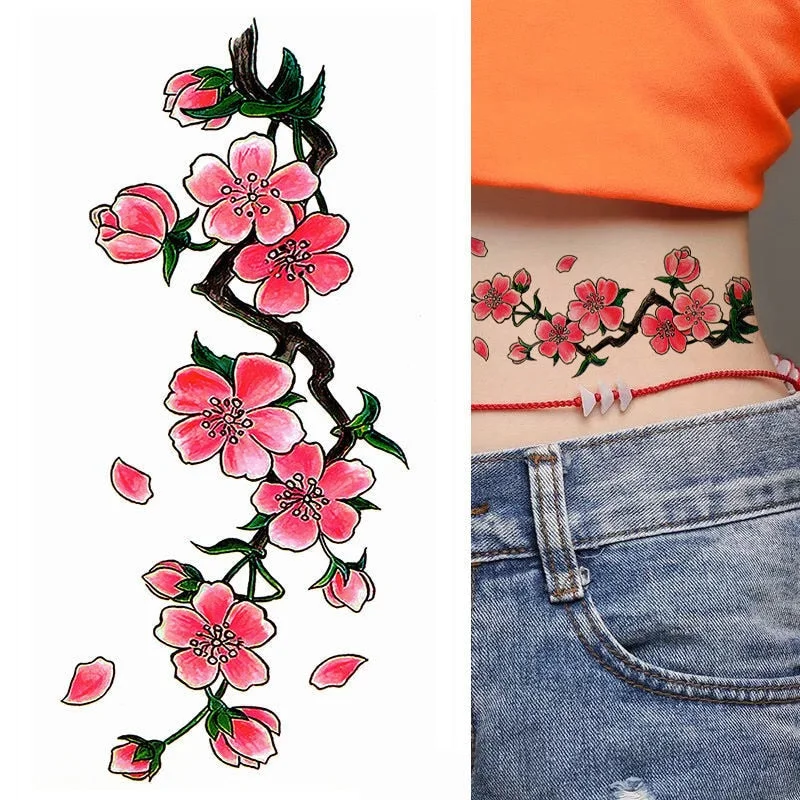 Pink Peach Blossom Flowers For Women Waist Chest Arm Body Art Sexy Fake Tatoos Waterproof Decals Colorful Tattos