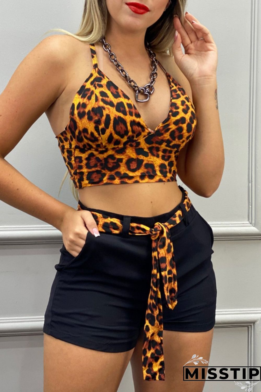 Brown Sexy Casual Print Leopard Backless Spaghetti Strap Sleeveless Two Pieces
