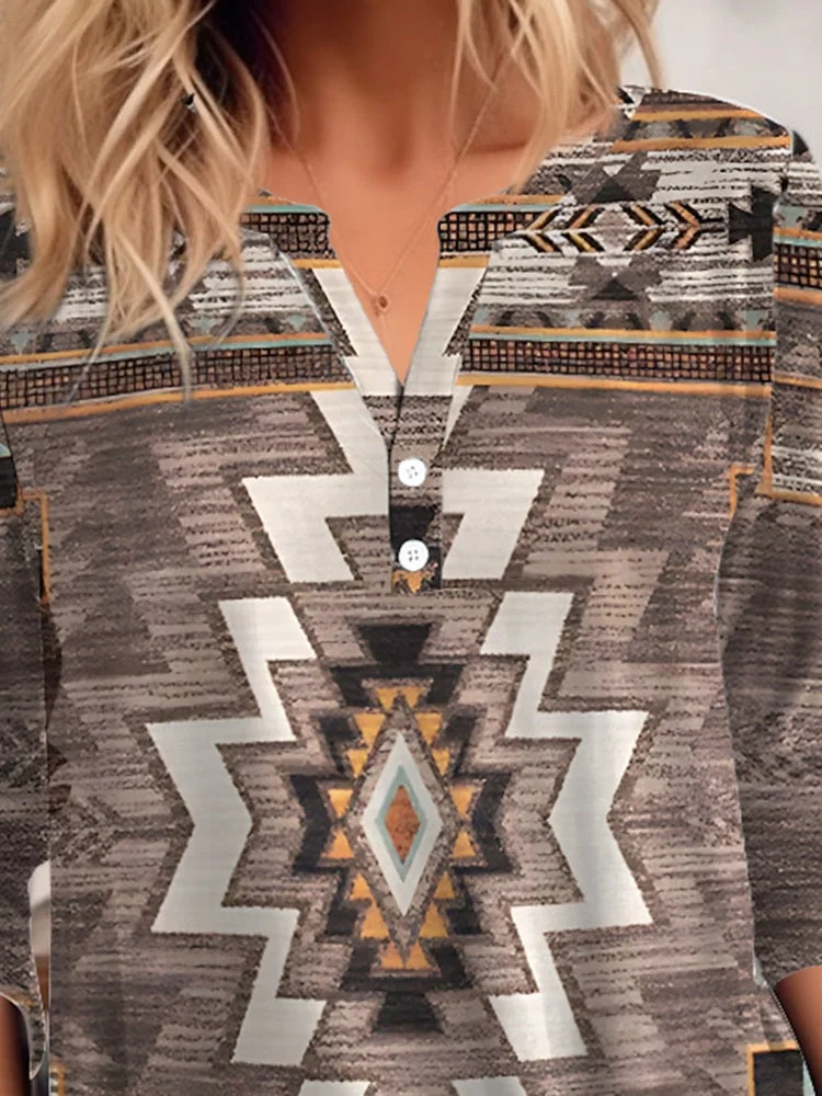 Women's Geometric Graphic Printed Buttons Long Sleeve V-neck Top