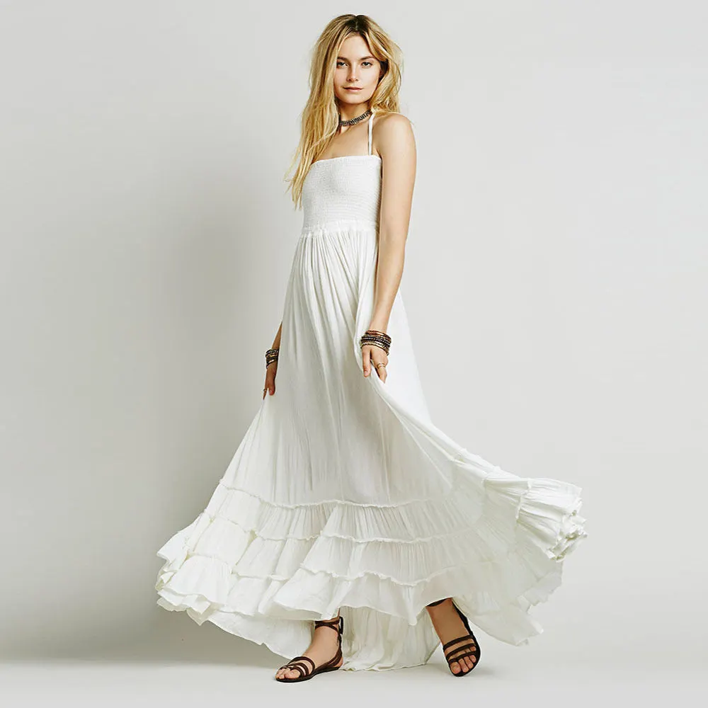 Brownm Backless Bohemian Beach Maxi Cotton Dress Dresses