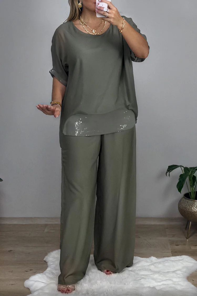Plus Size Formal Green Elegant Round Neck Half Sleeve Pocket Chiffon Three Piece Sets [Pre-Order] 2024 - Xpluswear