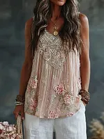 Women's Vintage Rose Embroidery Art Comfy Linen Tank Top
