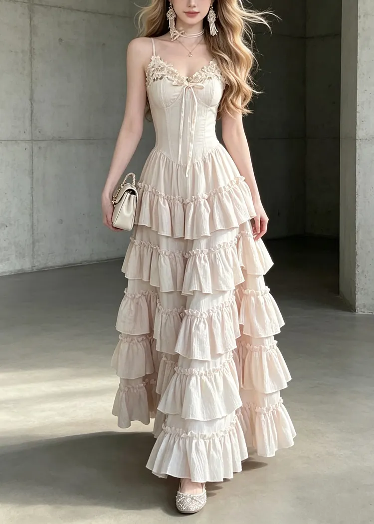 Style Light Pink Ruffled Patchwork Cotton Spaghetti Strap Dresses Summer