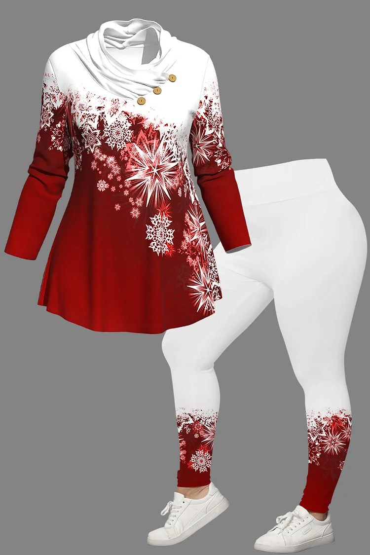 Flycurvy Plus Size Christmas Casual Red Ombre Buttons Snowflake Print Cowl Neck Two Piece Pant Set