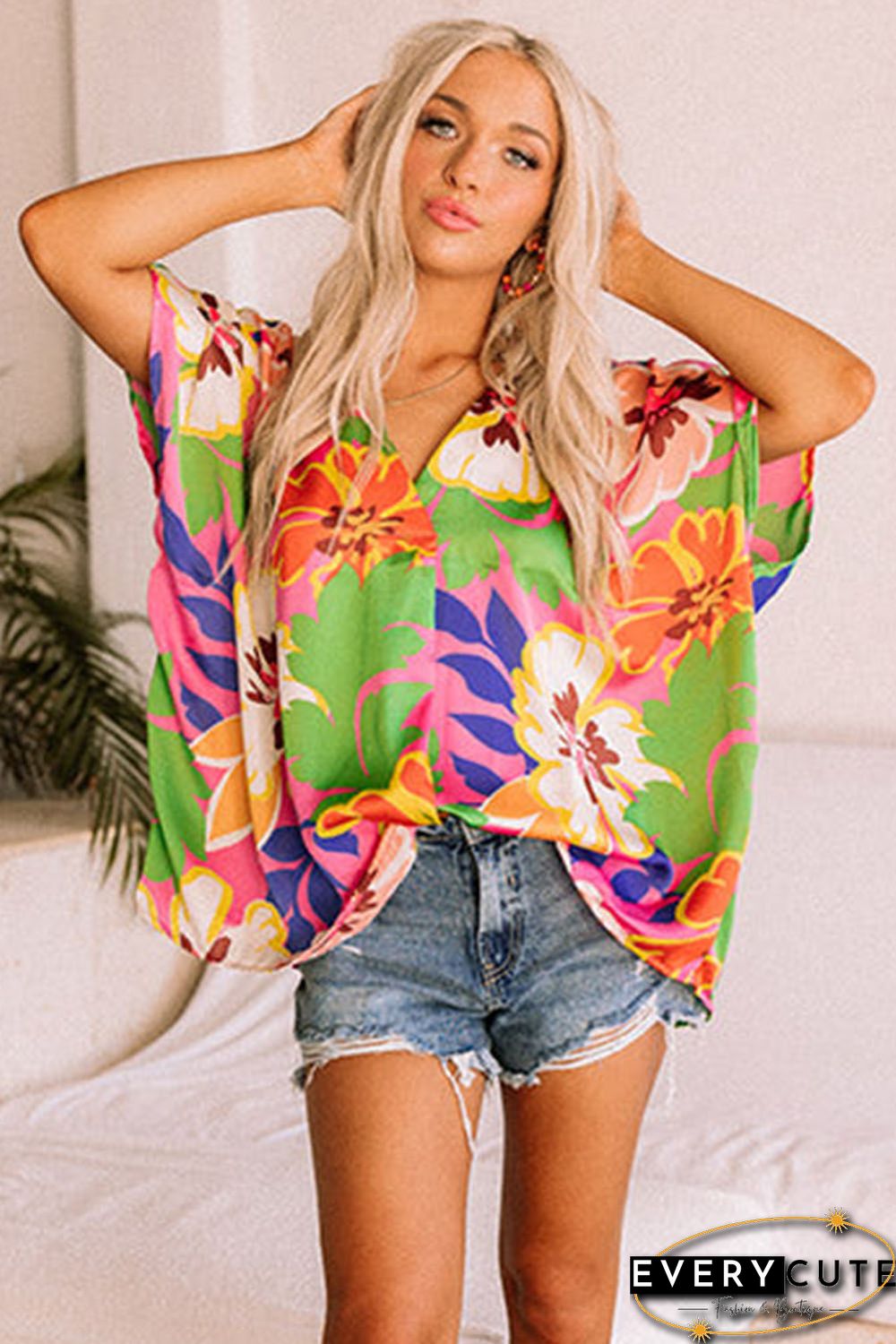 Pink Floral Print Loose Fit V Neck Tunic Blouse