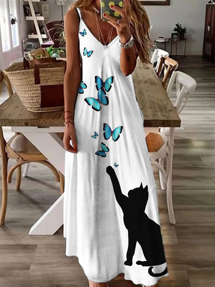 Cat & Butterflies Art Graphic Cami Maxi Dress
