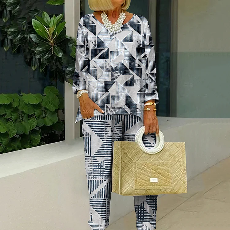 Triangular Geometric Line Print Long Sleeve Two Piece Set