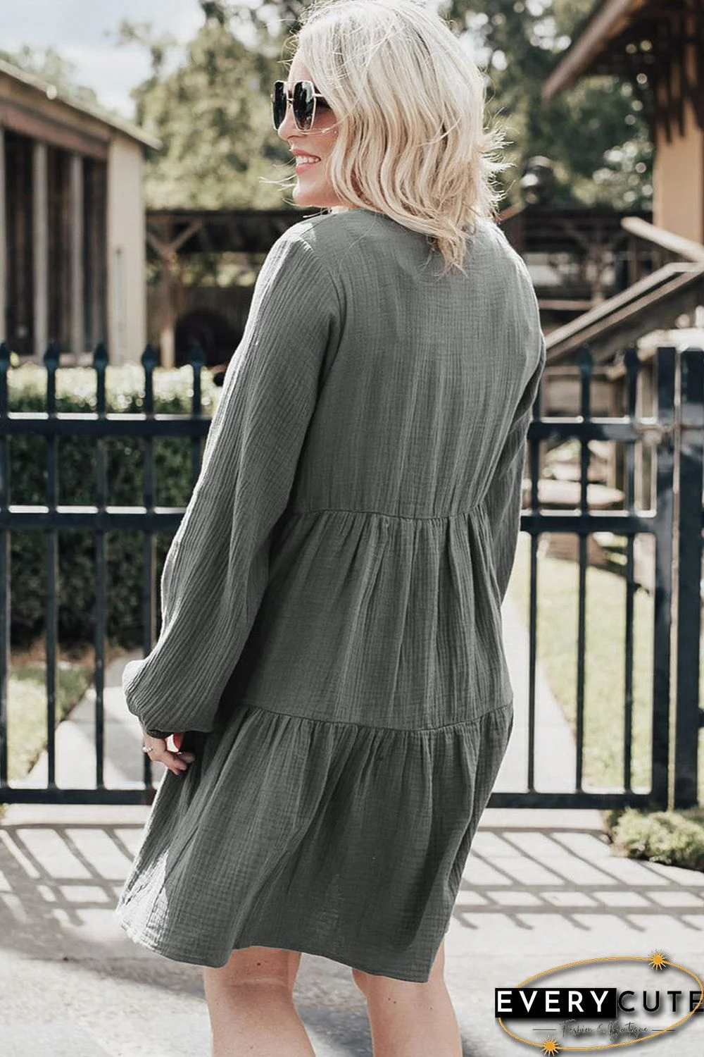 Plus Size Buttoned Long Sleeve Tiered Dress