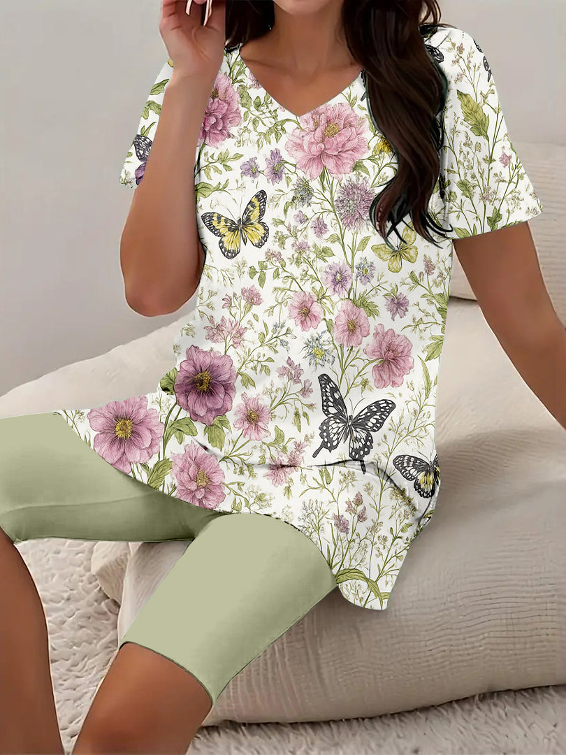 Women Long Sleeve V-neck Graphic Floral Printed Top