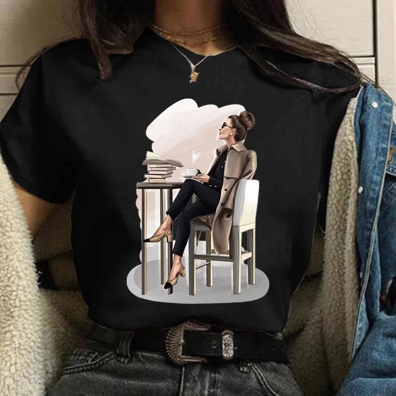 Coffee Girl Casual Women's T-shirt New Black Girl's Top Round Neck Y2K Harajuku 90S Fashion Short Sleeve Clothes,Drop Ship
