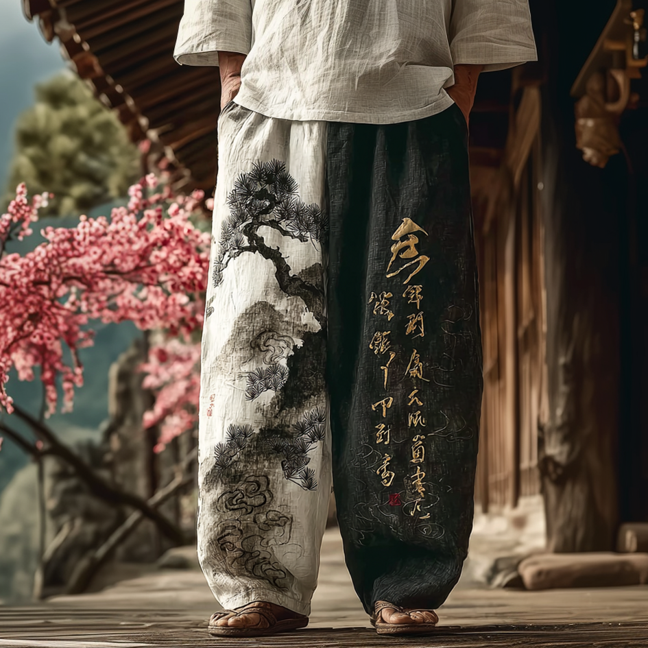 Japanese Art Retro Ink Painting Pattern Design Men's Casual Linen Long Pants elevenforest
