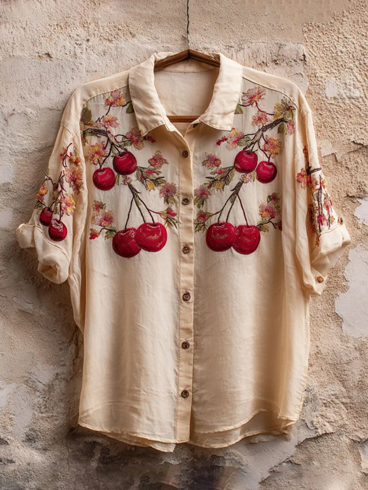 Women's Japanese Art Pink Awareness Cherry Embroidery Printed Shirt