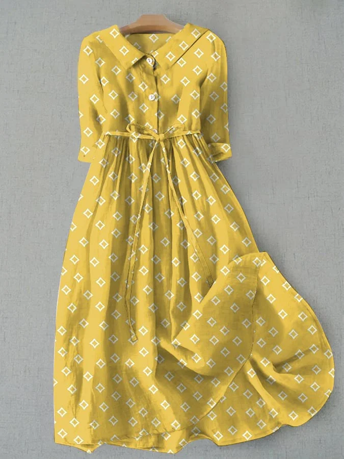 Retro 70s Yellow Floral Print Tie Loose Dress