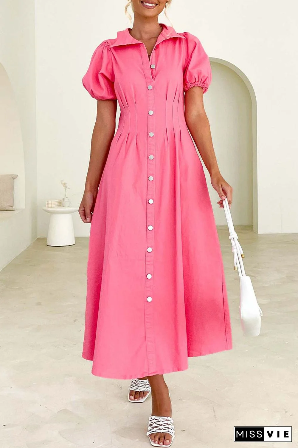 Casual Solid Buckle Turndown Collar A Line Dresses