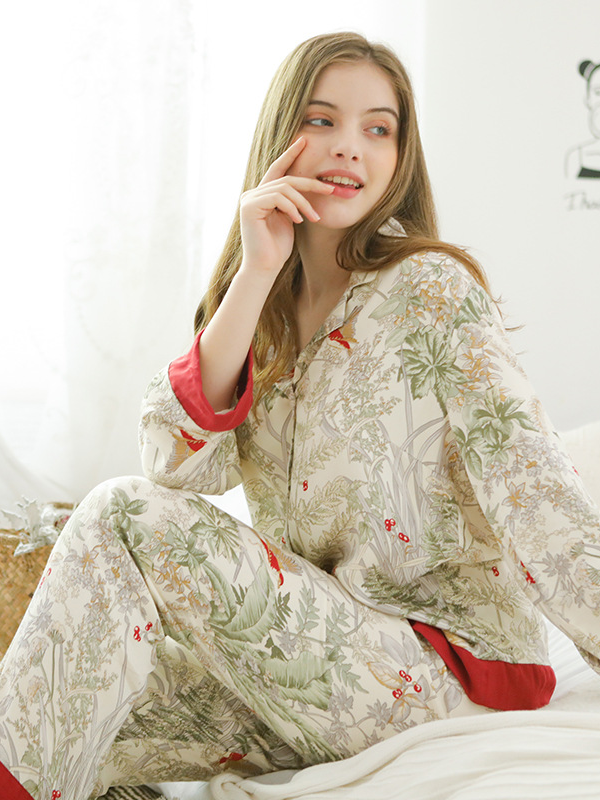 Shawl Collar Satin Loose Simple Long Sleeve Pajama Set