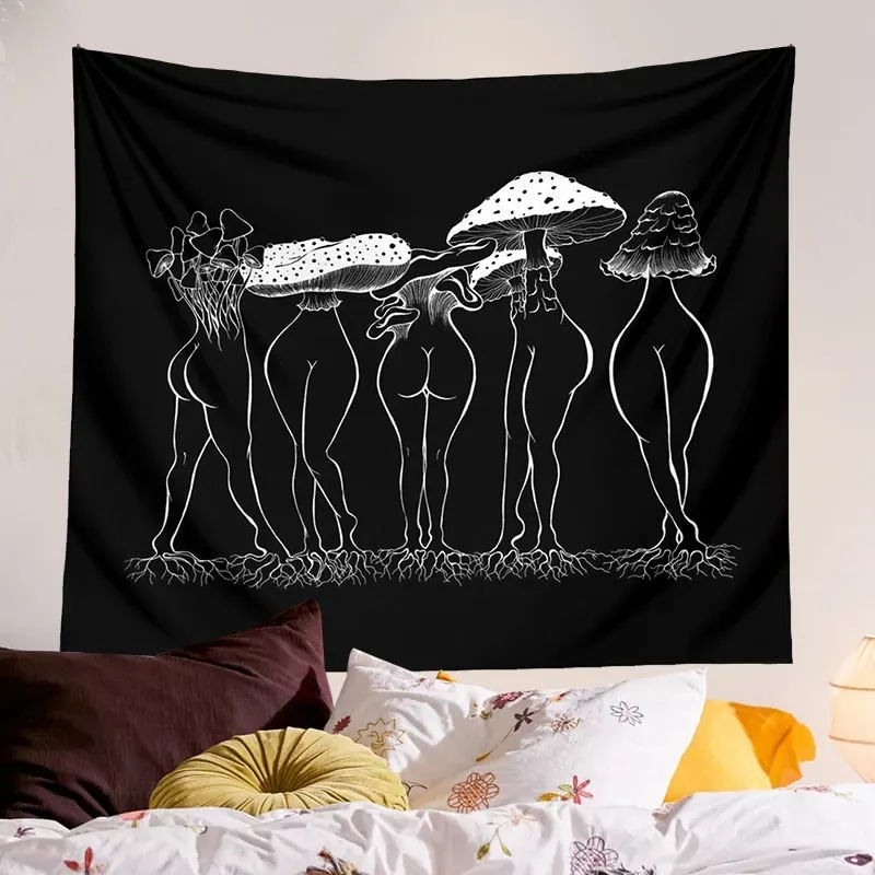 Mushroom woman Tapestry Black and White Wall Hanging Bedroom Aesthetic Dorm Wall Carpet Boho Decor Home Decoration Wall poster