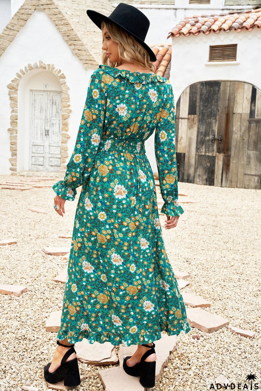 Boho Ruffles Smocked Waist Floral Print Maxi Dress