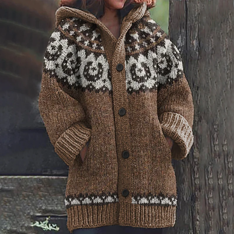 Vintage Western Horseshoe Pattern Knitted Hooded Cardigan