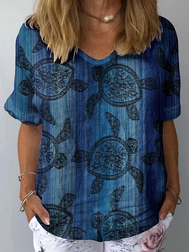 Women's Vintage Ocean Turtle Art Print Casual Cotton And Linen Shirt