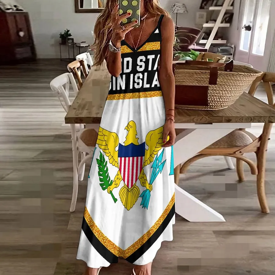 United States Virgin Islands Flag Women's Casual Strappy V Neck Sleeveless Flowy Loose Long Maxi Beach Dress Sundress United States Virgin Islands Flag Women's Casual Strappy V Neck Sleeveless Flowy Loose Long Maxi Beach Dress Sundress