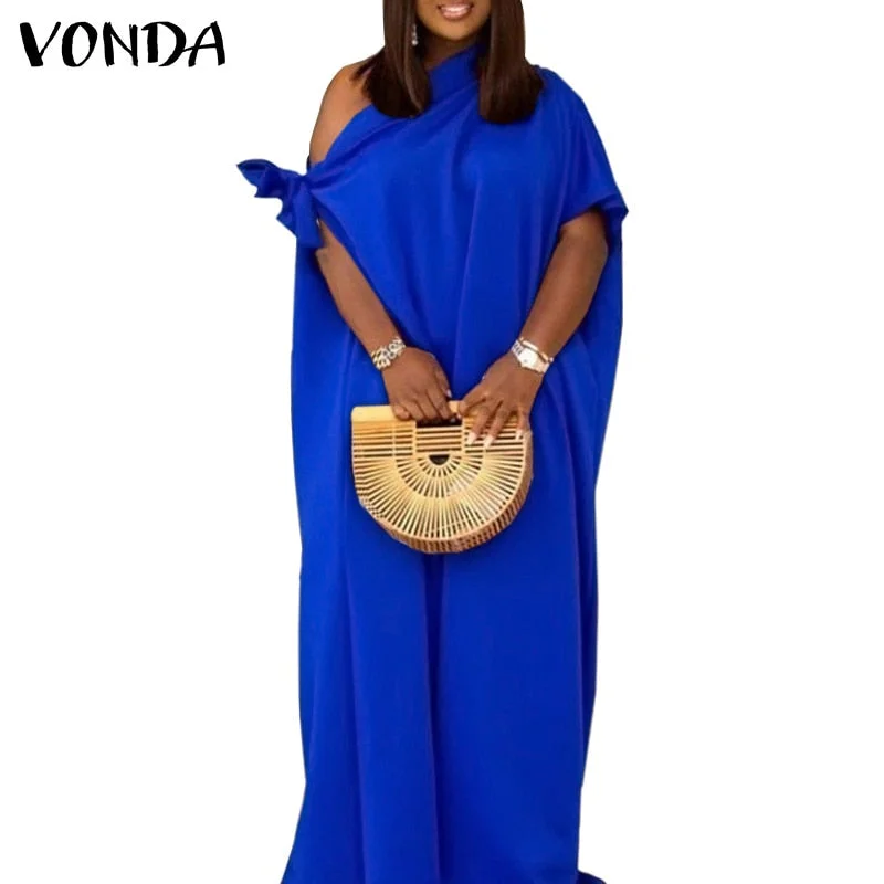 Satin Dress VONDA Women Casual Solid Pleated Long Maxi Dresses Loose Shorts Sleeve Party Robes Longue Sundress