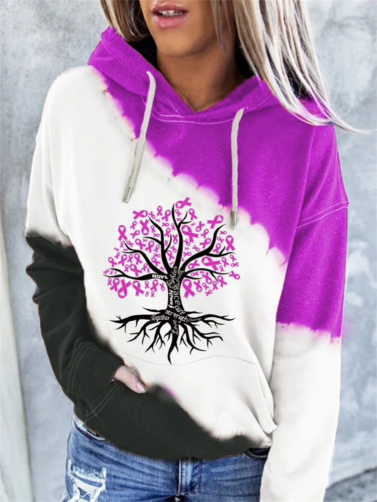 Comstylish Women's Breast Cancer Tree of Life Print Pocket Hoodie