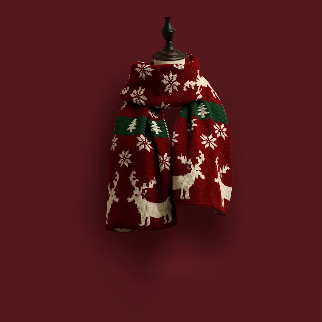 Versatile Christmas Knitted Wool Red Scarf Deer Elk Printing Snowflake Warm Personalized Couple Scarf