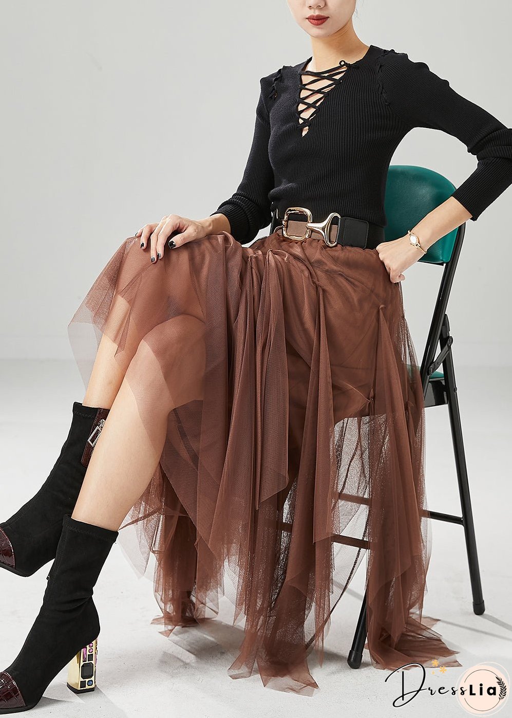 Stylish Khaki Asymmetrical Exra Large Hem Tulle Skirt Fall