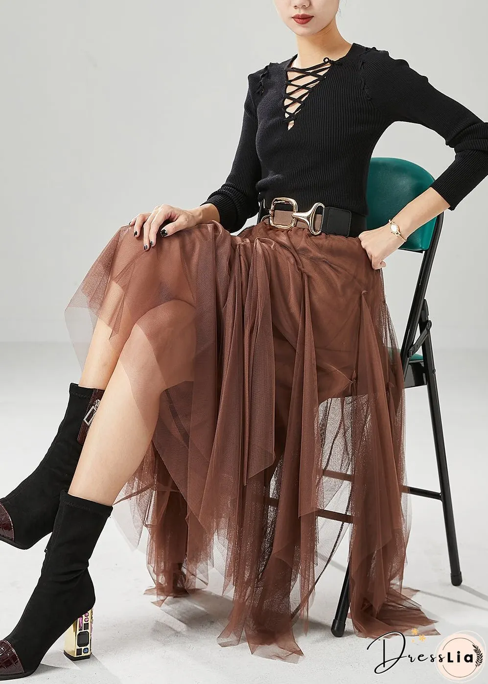 Stylish Khaki Asymmetrical Exra Large Hem Tulle Skirt Fall