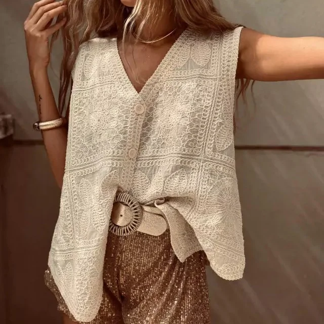 Lace Embroidered Buckle Cardigan Vest Vacation Top