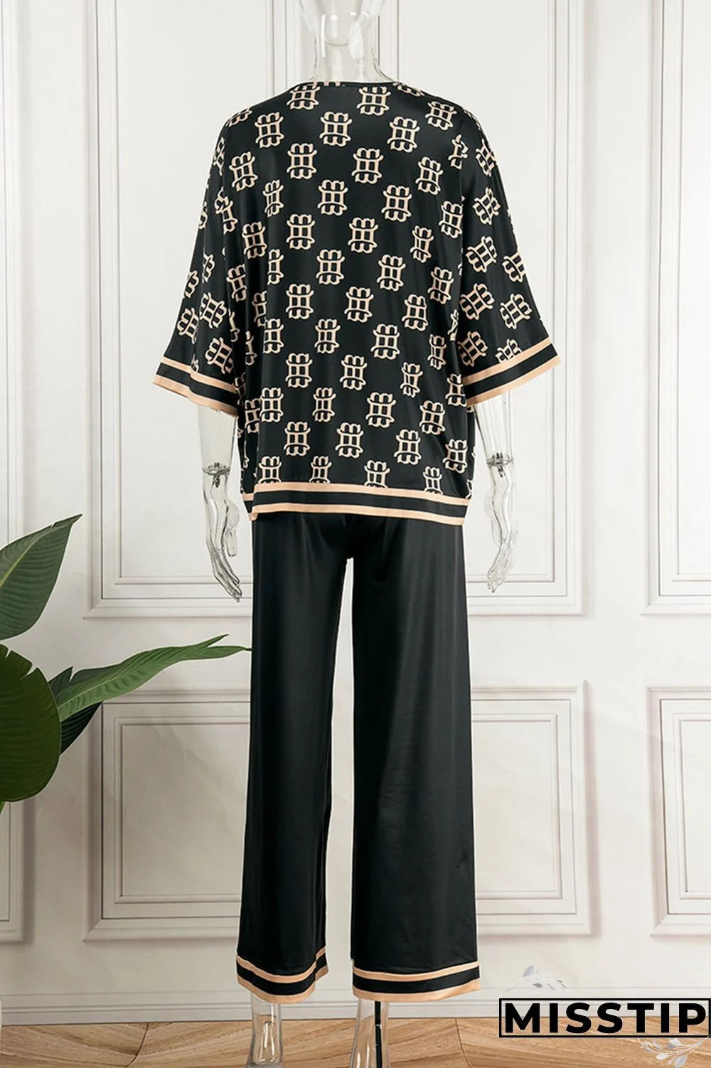 Apricot Casual Print Patchwork V Neck Three Quarter Two Pieces