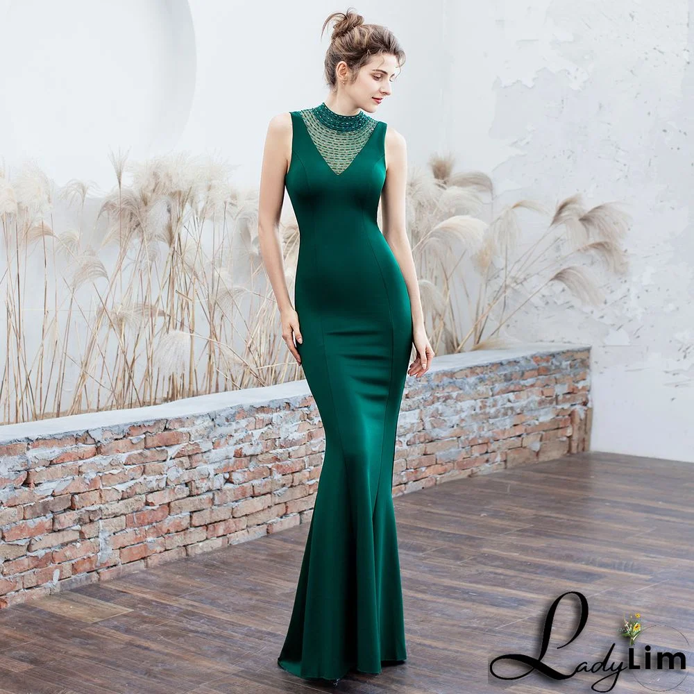 Women Elegant Mesh Sleeveless Formal Party Maxi Mermaid Evening Dress