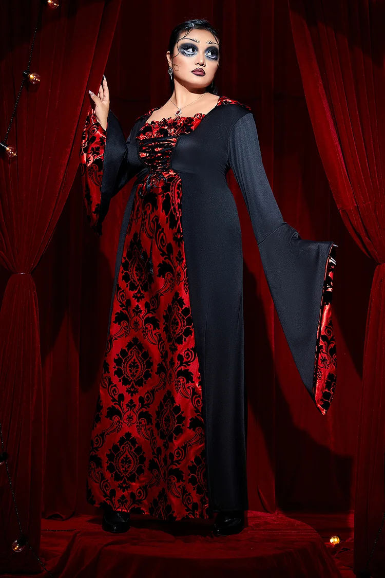Plus Size Vampire Halloween Renaissance Costume Red Trumpet Sleeve Knitted Maxi Dress, image size:750x1125