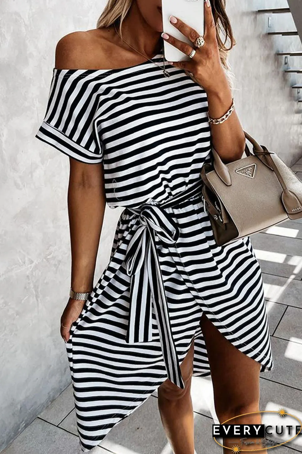 Black Stripe Short Sleeve Belted Wrapped Hemline T-Shirt Dress