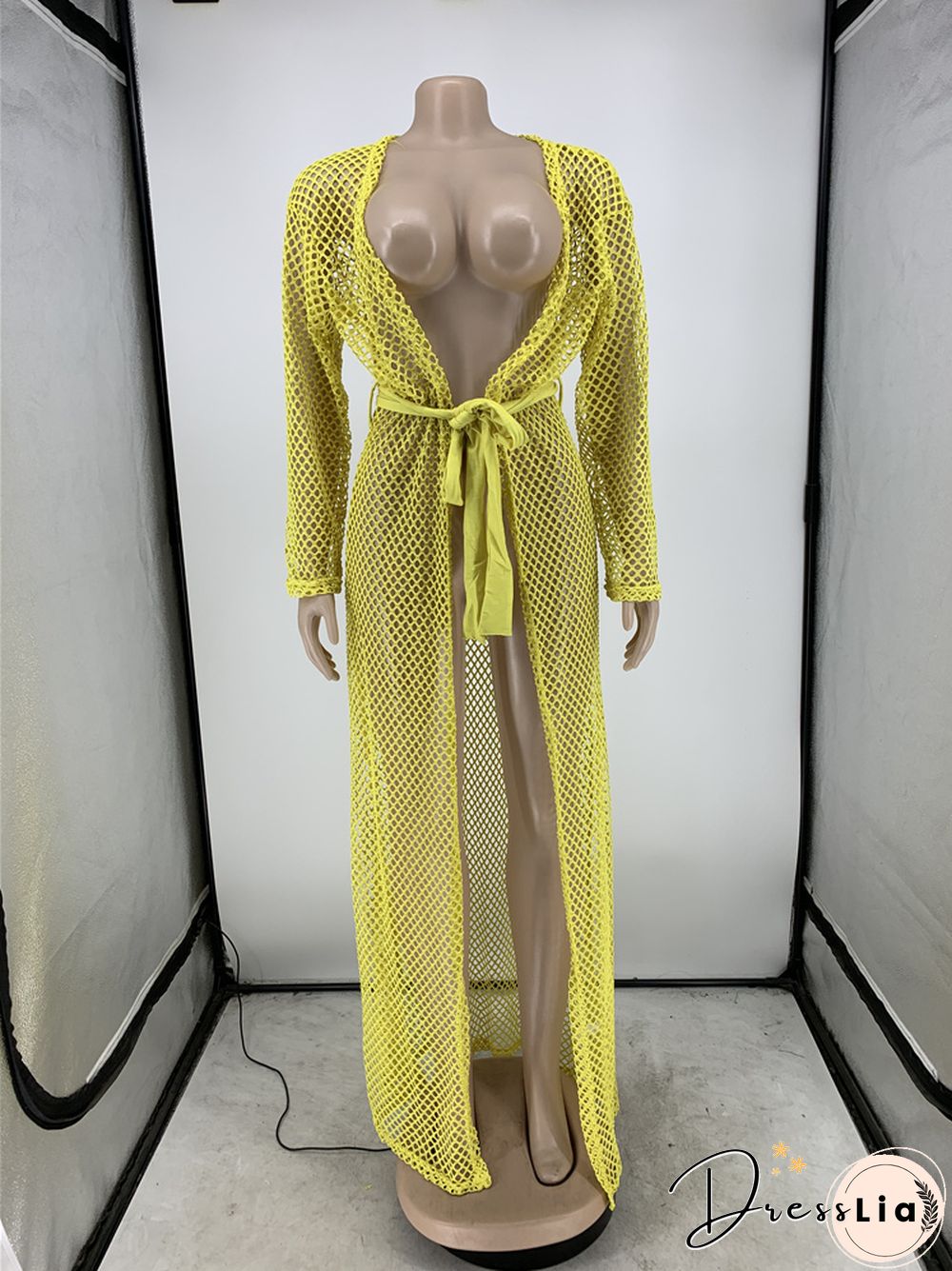 Beachwear Long Sleeve Mesh Grid Cardigan Cover-ups